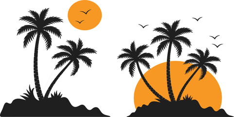 Tropical palm trees silhouette vector with orange sun, summer beach island sunset for vacation travel design © Arishfa