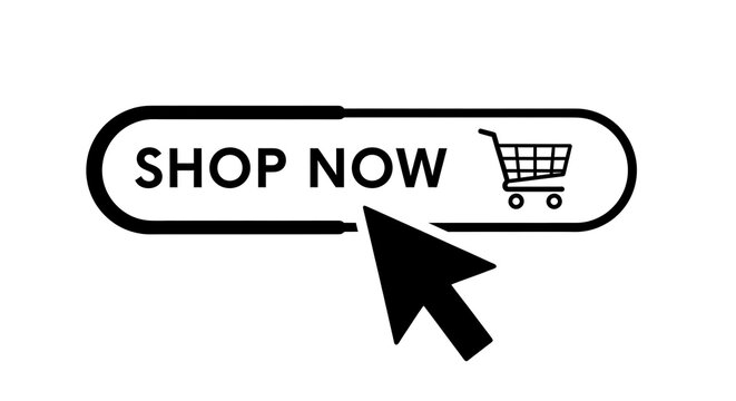 Black shop now button with cursor on white background isolated on white background
