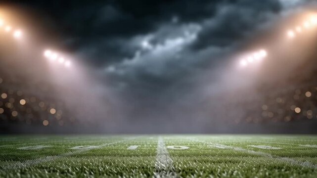 The scene shows a football field illuminated by stadium lights. The grass is green and well-maintained, while dark clouds hover above, creating a dramatic atmosphere.