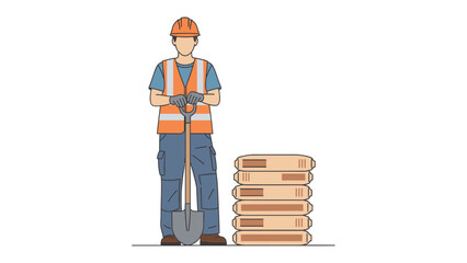 Construction Worker and Material: A construction worker stands confidently with a shovel next to stacked bags of material, ready to begin work. Highlighting the tools of the trade. © azizunnahar