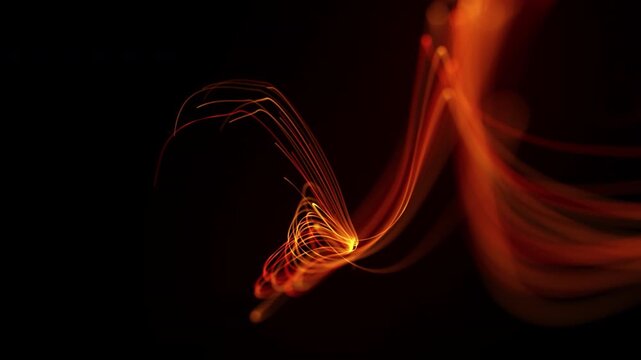 Futuristic Optical Fiber Particle Lines Flowing Abstract Loop Animation on Black Background