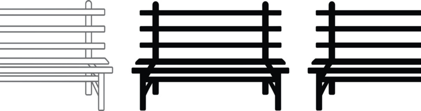 Wooden park bench vector icon set including outline, black silhouette, and solid simple flat designs