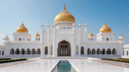 Fototapeta premium A majestic white palace with golden domes and arched windows, set against a clear blue sky, reflected in a serene pool.