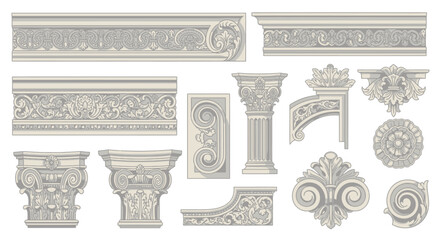 Fototapeta premium Classical architectural elements and decorative ornaments for antique design and elegant building decoration
