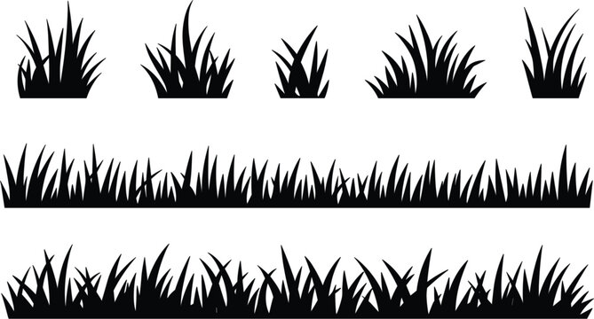 Black grass silhouette vector collection featuring various lawn tufts, meadow borders, and field plant edge elements