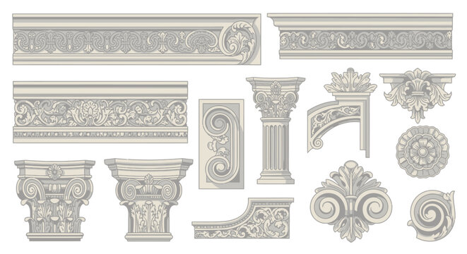 Classical architectural elements and decorative ornaments for antique design and elegant building decoration