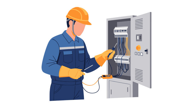 Precision in Action: A skilled electrician diligently inspects a complex electrical panel, ensuring safety and precision. The image embodies expertise and care, critical for the industry.
