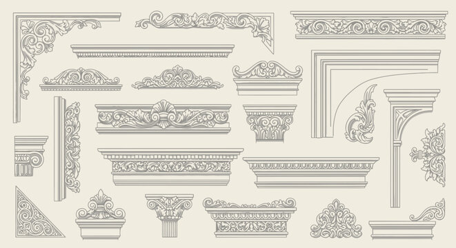 Collection of ornate architectural decorative elements, featuring intricate carvings and detailed mouldings for ornamental design