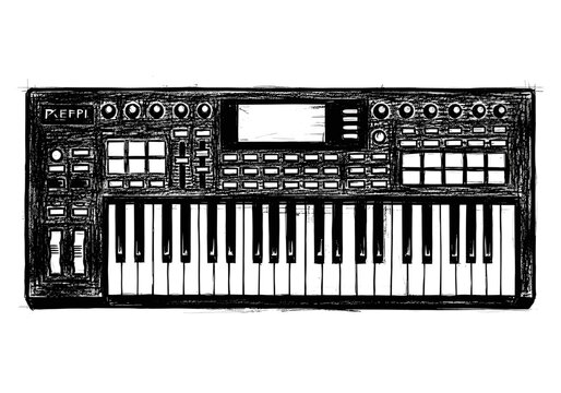 Hand drawn sketch of a modern music production synthesizer keyboard controller