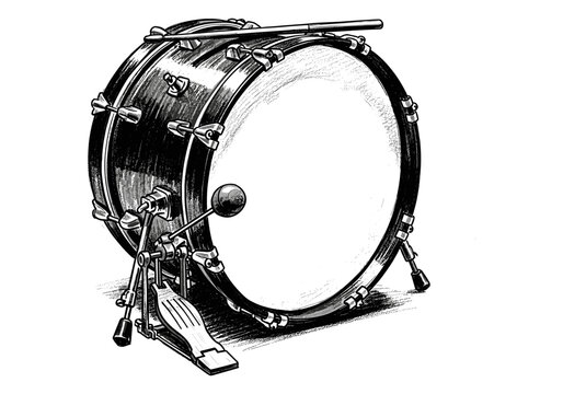 Detailed illustration of a bass drum with pedal and drumstick