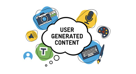 "User Generated Content" typography with icons representing diverse media types (photo, video, audio, text, art). © Hafiz