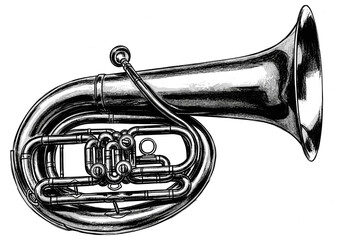 Naklejka premium Detailed black and white illustration of a brass tuba on a white background