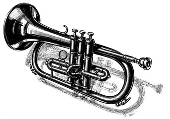 Naklejka premium Detailed black and white sketch of a shiny brass flugelhorn musical instrument