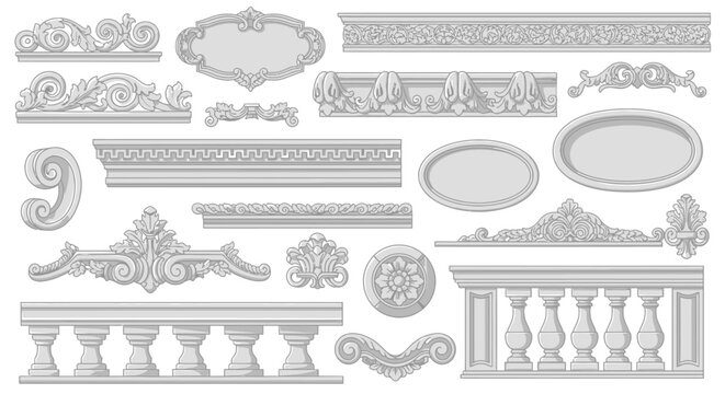 Collection of ornate decorative architectural elements and classic balustrade designs, showcasing intricate scrollwork and detailed mouldings for elegant interiors and exteriors