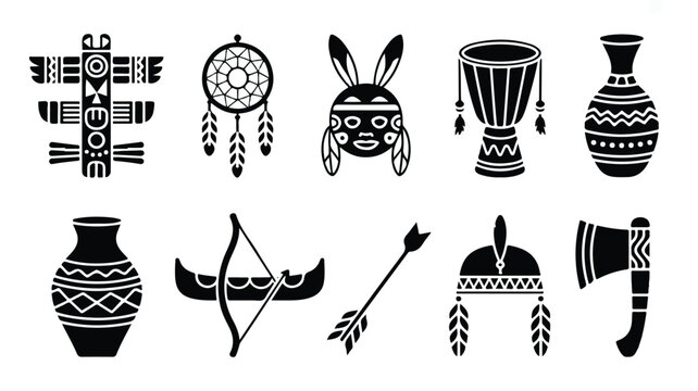 Native American tribal symbols and objects on white background