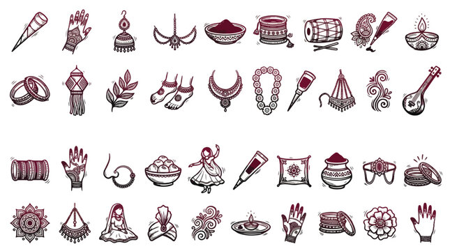Indian Wedding Icon Set in Hand-Drawn Style. A collection of Indian Culture Linear Icons, Including Henna, Mehndi, Jewelry, Dhol, Diya, Sitar, Bangle, Bride, and more. Vector Illustration.