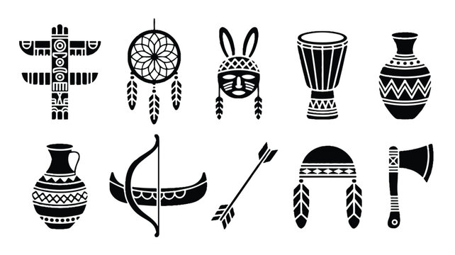 Native american tribal symbols and objects on white background