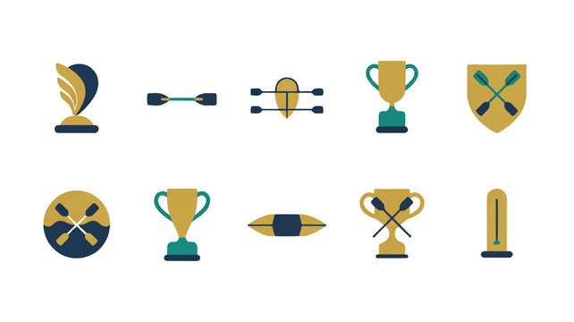 Rowing sport icons with trophies and shields  rowing oars