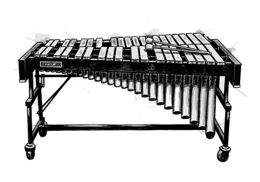 Black and white sketch of a marimba with mallets resting on the bars