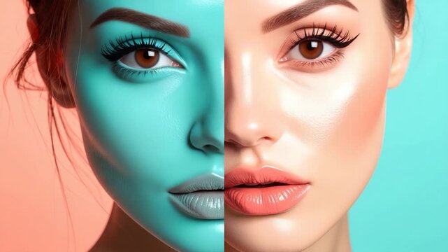 Split face image; half teal, half skin-toned. Close-up of face