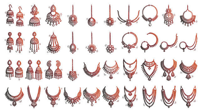 Indian Bridal Jewelry Icon Set in Hand-Drawn Style. A collection of linear icons including jhumka, necklace, nath, maang tikka, choker, ornament, earring, beads, and more. Gradient design.