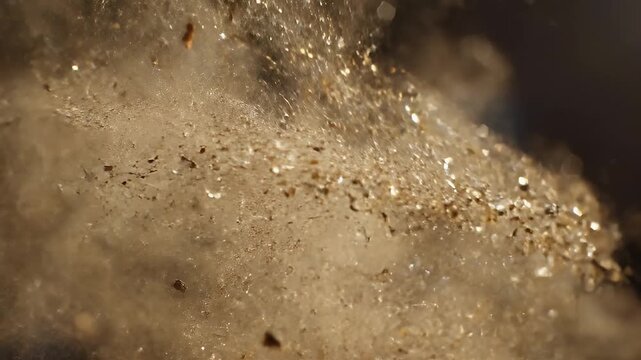 Macro view of tiny sparkling particles and dust suspended in air