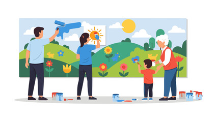 Fototapeta premium A Family's Colorful Creation: A multi-generational family joyfully paints a vibrant mural of a cheerful landscape, illustrating unity, creativity, and the joy of shared experiences.