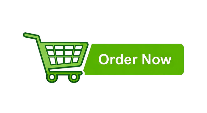 Green shopping cart with order now button on white background