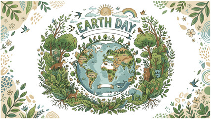 Fototapeta premium Detailed Earth Day Banner with World Map, Animals, and Botanical Border