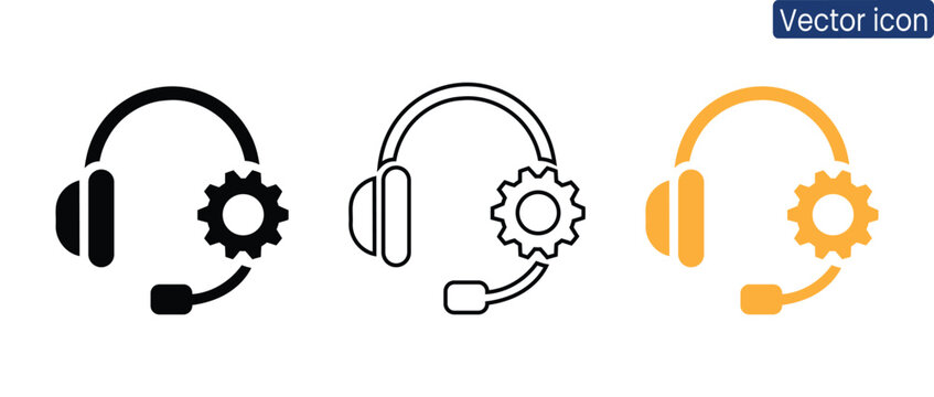 Vector icons of headsets with gears on a white background, representing customer service and technical support