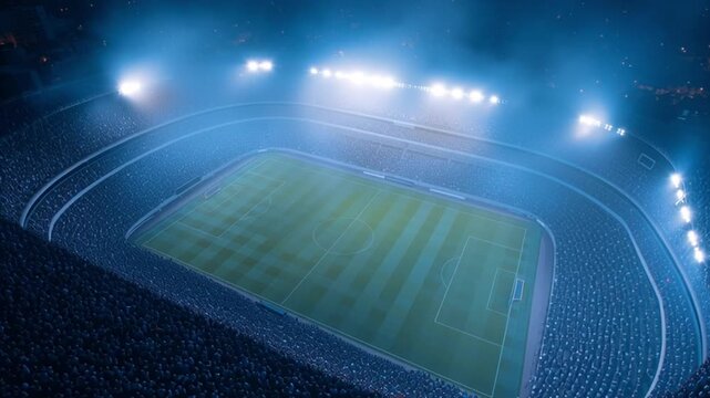 A lively football stadium is packed with fans watching a match at night. The large field is well lit, and the atmosphere is vibrant with excitement as teams compete for victory.