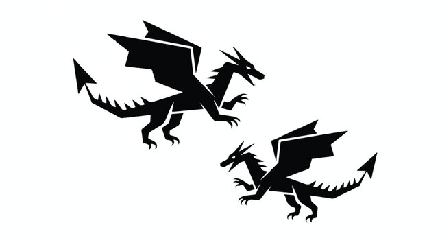 Two black dragons flying on white background