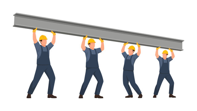 Construction Teamwork: A determined construction team works together, their collaborative efforts evident as they carry a large, heavy steel beam. This image symbolizes unity, strength.