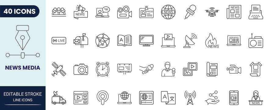 News and Media icon set in outline style. Editable stroke. Vector icon collection.