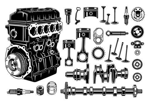 Detailed illustration of internal combustion engine components in black and white
