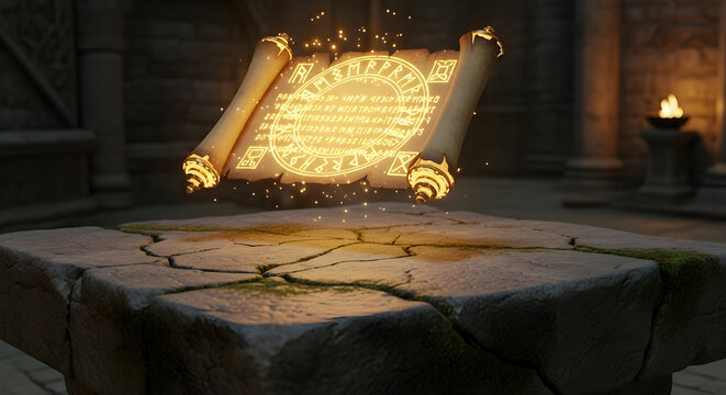 Ancient glowing scroll on cracked stone pedestal in dark chamber