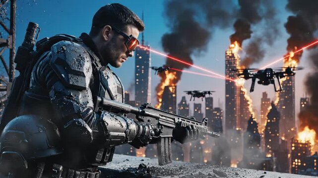 Soldier with laser glasses battles drones in burning city skyline. Military warrior fights robots with rifle. Soldier shoots laser at drone. Urban warfare with fire and soldier combat action.