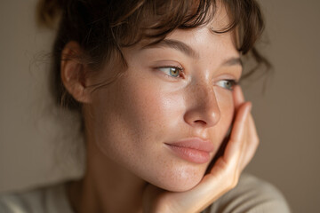 Fototapeta premium Young Woman with Natural Skin Texture and Freckles in Soft Light Beauty Portrait No Makeup