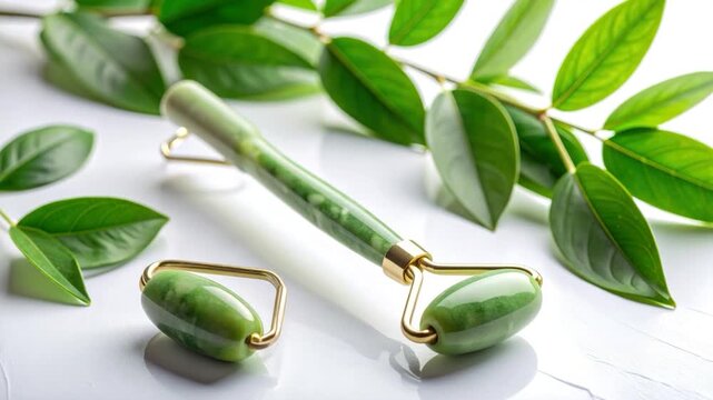 Jade roller & leaves on white
