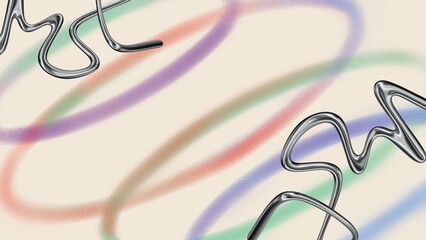 An abstract composition with soft multicolored lines and chrome wavy elements on a light background. The light and airy design features an airbrush effect and gradients.
