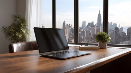 Fototapeta premium Modern laptop on a wooden desk overlooking a city skyline through a large window symbolizing a professional workspace