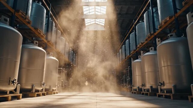 Industrial Storage Tanks in Bright Warehouse Filling with Dust Cloud