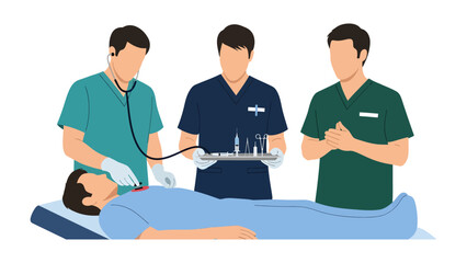 Fototapeta premium Medical Intervention: Medical professionals provide emergency care. A scene of life-saving medical attention, featuring healthcare providers, supplies, and instruments. The photo captures a serious.