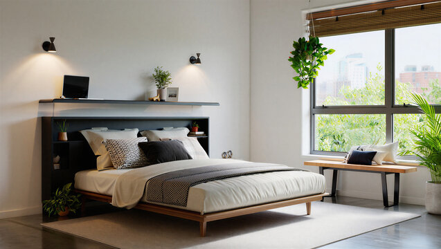 Contemporary bedroom with murphy bed, plants, and large window overlooking city