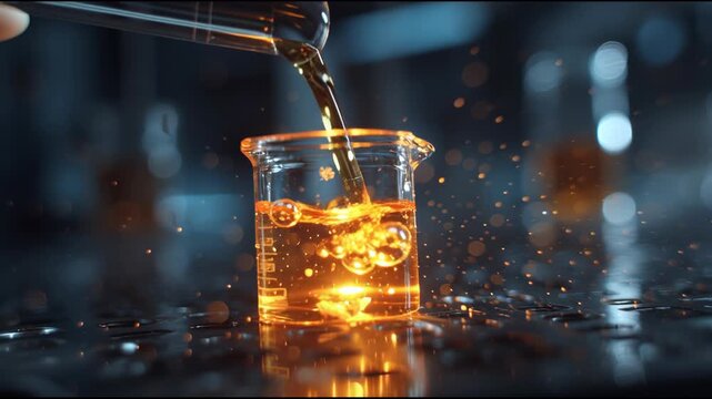 Laboratory Experiment: The image captures a precise moment as a liquid flows into a glass beaker in a dimly lit laboratory, symbolizing scientific exploration. 