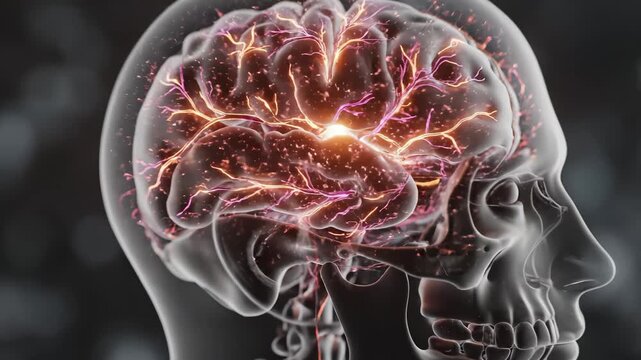 Human skull with glowing brain activity