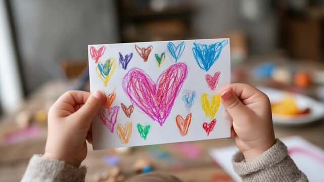 Child's Artistic Expression: A child's small hands tenderly hold a handmade card adorned with vibrantly colored hearts, reflecting an innocent expression of love and creativity.