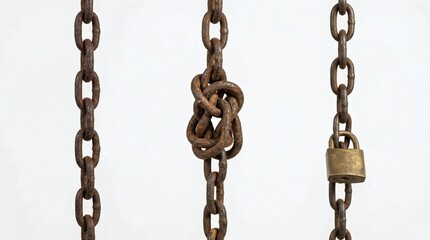 Fototapeta premium Chains Knot with Lock, Freedom Rusty links on white, and concepts of bond and escape.