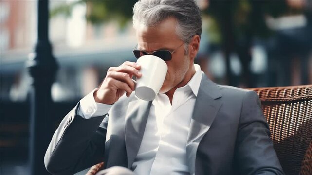 Man in Suit Drinking Coffee