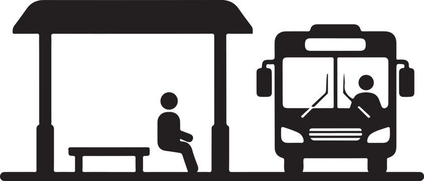 Vector silhouette of person waiting at bus stop with bus
